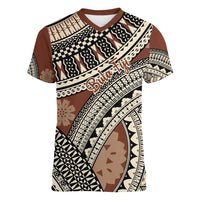 Bula Fiji Classic Masi Tapa Women V-Neck T-Shirt Vintage Brown LT7 Female Brown - Polynesian Pride