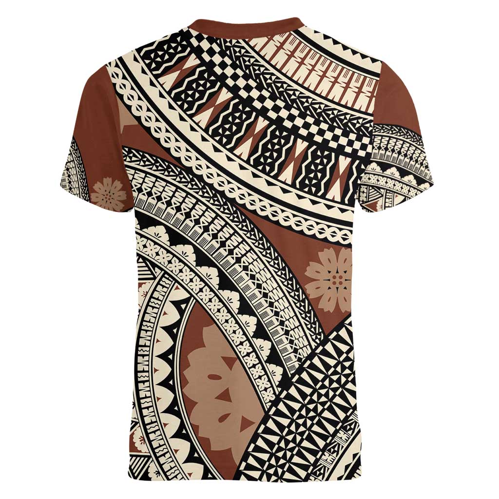 Bula Fiji Classic Masi Tapa Women V-Neck T-Shirt Vintage Brown LT7 - Polynesian Pride