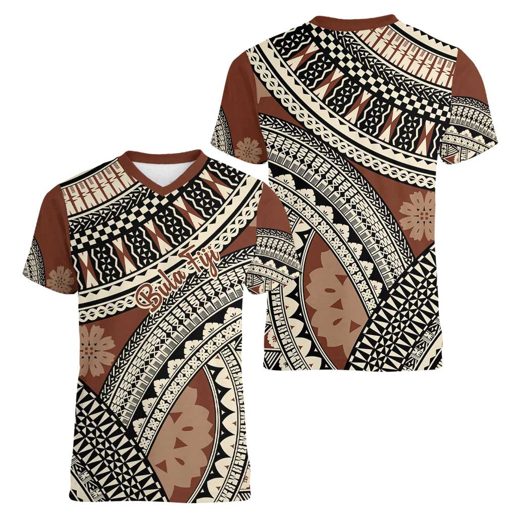Bula Fiji Classic Masi Tapa Women V-Neck T-Shirt Vintage Brown LT7 - Polynesian Pride