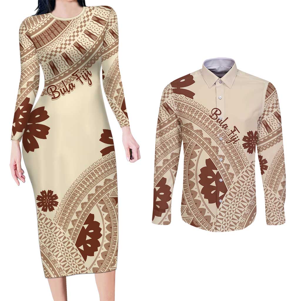 Bula Fiji Classic Masi Tapa Couples Matching Long Sleeve Bodycon Dress and Long Sleeve Button Shirt Vintage Beige LT7 Beige - Polynesian Pride