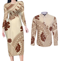 Bula Fiji Classic Masi Tapa Couples Matching Long Sleeve Bodycon Dress and Long Sleeve Button Shirt Vintage Beige LT7 Beige - Polynesian Pride