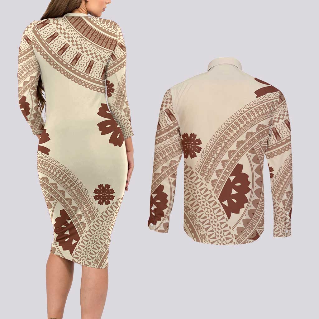 Bula Fiji Classic Masi Tapa Couples Matching Long Sleeve Bodycon Dress and Long Sleeve Button Shirt Vintage Beige LT7 - Polynesian Pride