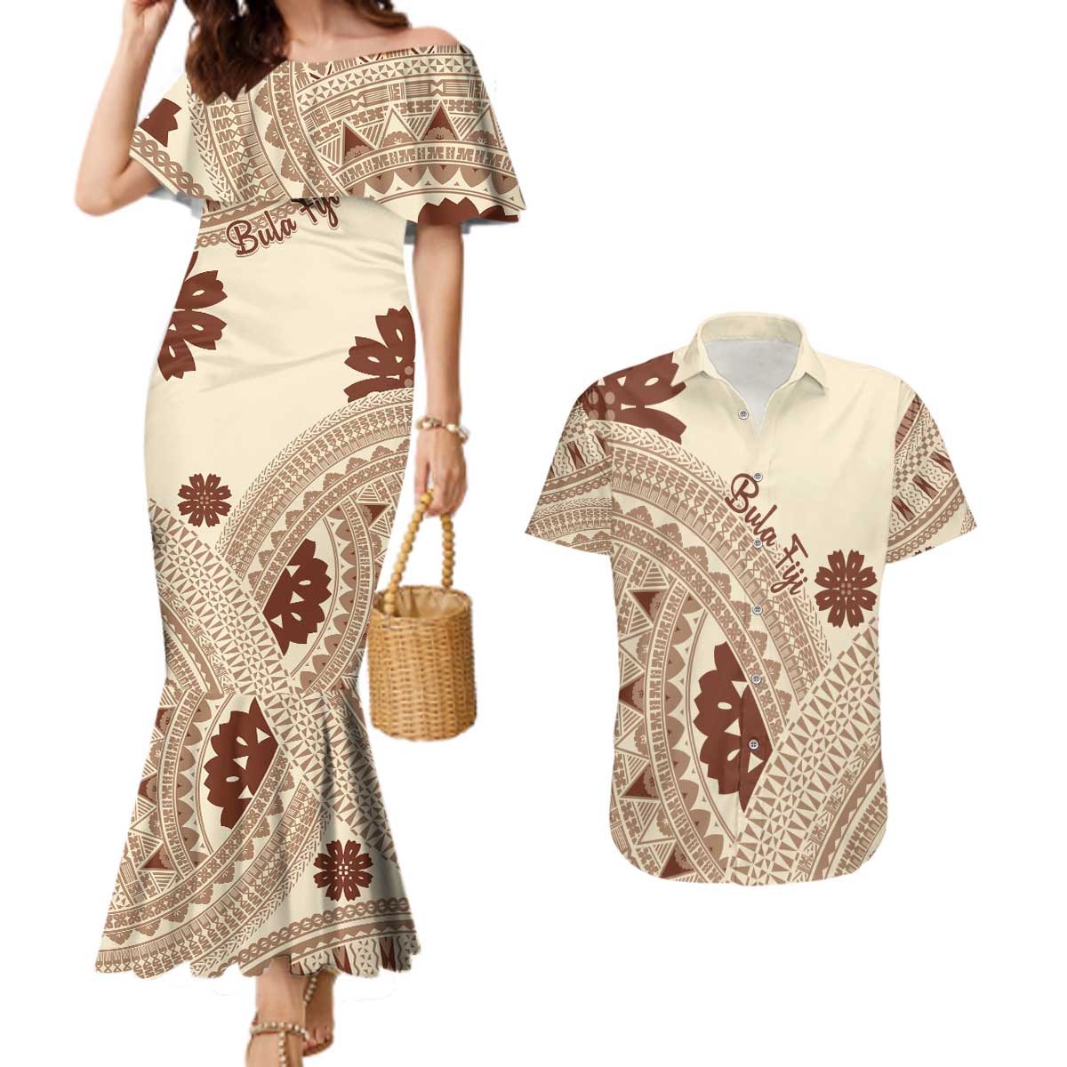 Bula Fiji Classic Masi Tapa Couples Matching Mermaid Dress and Hawaiian Shirt Vintage Beige LT7 Beige - Polynesian Pride