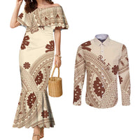 Bula Fiji Classic Masi Tapa Couples Matching Mermaid Dress and Long Sleeve Button Shirt Vintage Beige LT7 Beige - Polynesian Pride