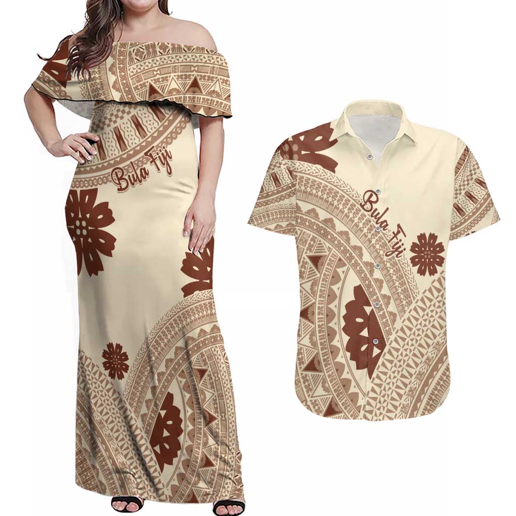 Bula Fiji Classic Masi Tapa Couples Matching Off Shoulder Maxi Dress and Hawaiian Shirt Vintage Beige LT7 Beige - Polynesian Pride