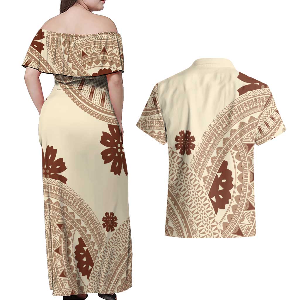 Bula Fiji Classic Masi Tapa Couples Matching Off Shoulder Maxi Dress and Hawaiian Shirt Vintage Beige LT7 - Polynesian Pride