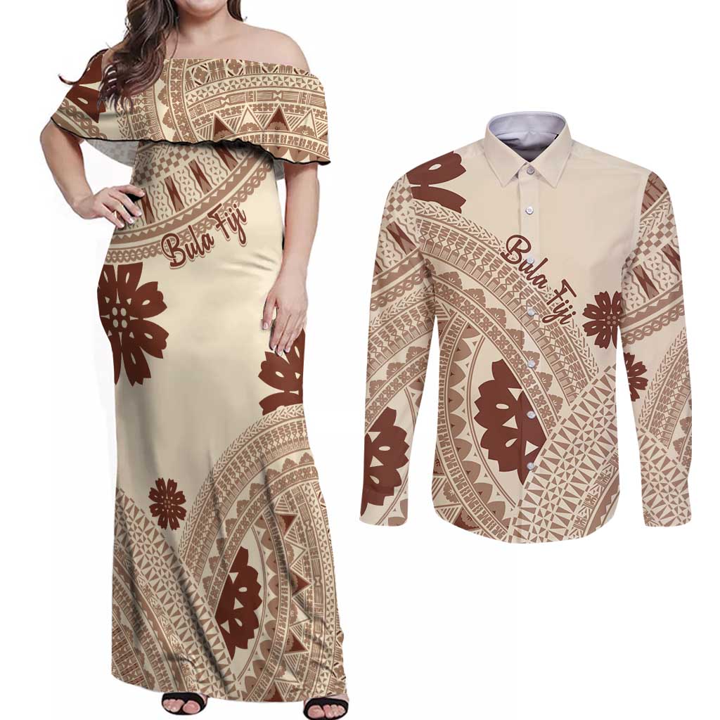Bula Fiji Classic Masi Tapa Couples Matching Off Shoulder Maxi Dress and Long Sleeve Button Shirt Vintage Beige LT7 Beige - Polynesian Pride