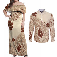 Bula Fiji Classic Masi Tapa Couples Matching Off Shoulder Maxi Dress and Long Sleeve Button Shirt Vintage Beige LT7 Beige - Polynesian Pride