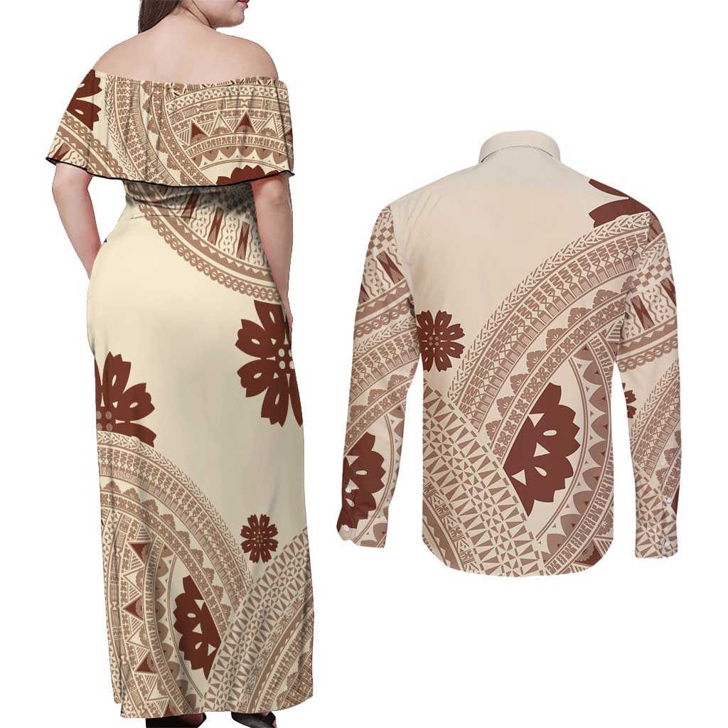 Bula Fiji Classic Masi Tapa Couples Matching Off Shoulder Maxi Dress and Long Sleeve Button Shirt Vintage Beige LT7 - Polynesian Pride