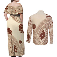 Bula Fiji Classic Masi Tapa Couples Matching Off Shoulder Maxi Dress and Long Sleeve Button Shirt Vintage Beige LT7 - Polynesian Pride