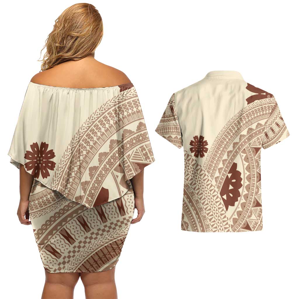 Bula Fiji Classic Masi Tapa Couples Matching Off Shoulder Short Dress and Hawaiian Shirt Vintage Beige LT7 - Polynesian Pride