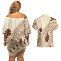 Bula Fiji Classic Masi Tapa Couples Matching Off Shoulder Short Dress and Hawaiian Shirt Vintage Beige LT7 - Polynesian Pride