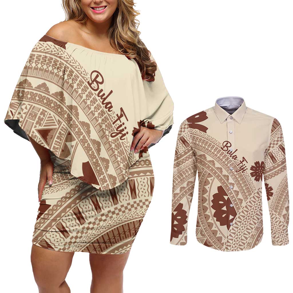 Bula Fiji Classic Masi Tapa Couples Matching Off Shoulder Short Dress and Long Sleeve Button Shirt Vintage Beige LT7 Beige - Polynesian Pride