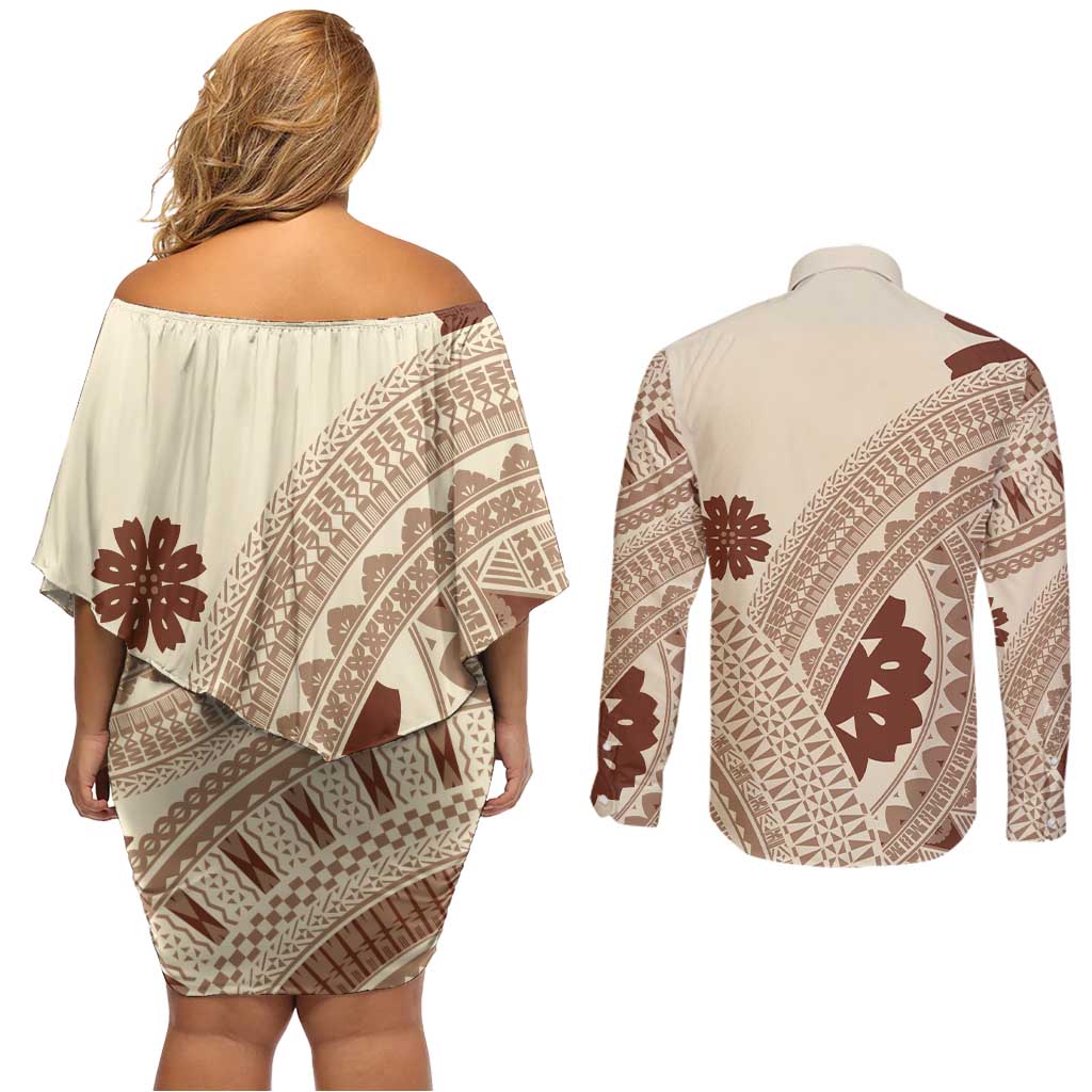 Bula Fiji Classic Masi Tapa Couples Matching Off Shoulder Short Dress and Long Sleeve Button Shirt Vintage Beige LT7 - Polynesian Pride