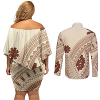 Bula Fiji Classic Masi Tapa Couples Matching Off Shoulder Short Dress and Long Sleeve Button Shirt Vintage Beige LT7 - Polynesian Pride