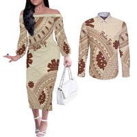 Bula Fiji Classic Masi Tapa Couples Matching Off The Shoulder Long Sleeve Dress and Long Sleeve Button Shirt Vintage Beige LT7 Beige - Polynesian Pride