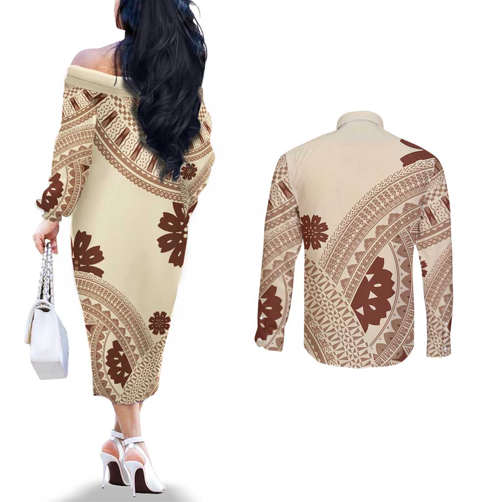 Bula Fiji Classic Masi Tapa Couples Matching Off The Shoulder Long Sleeve Dress and Long Sleeve Button Shirt Vintage Beige LT7 - Polynesian Pride