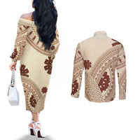 Bula Fiji Classic Masi Tapa Couples Matching Off The Shoulder Long Sleeve Dress and Long Sleeve Button Shirt Vintage Beige LT7 - Polynesian Pride