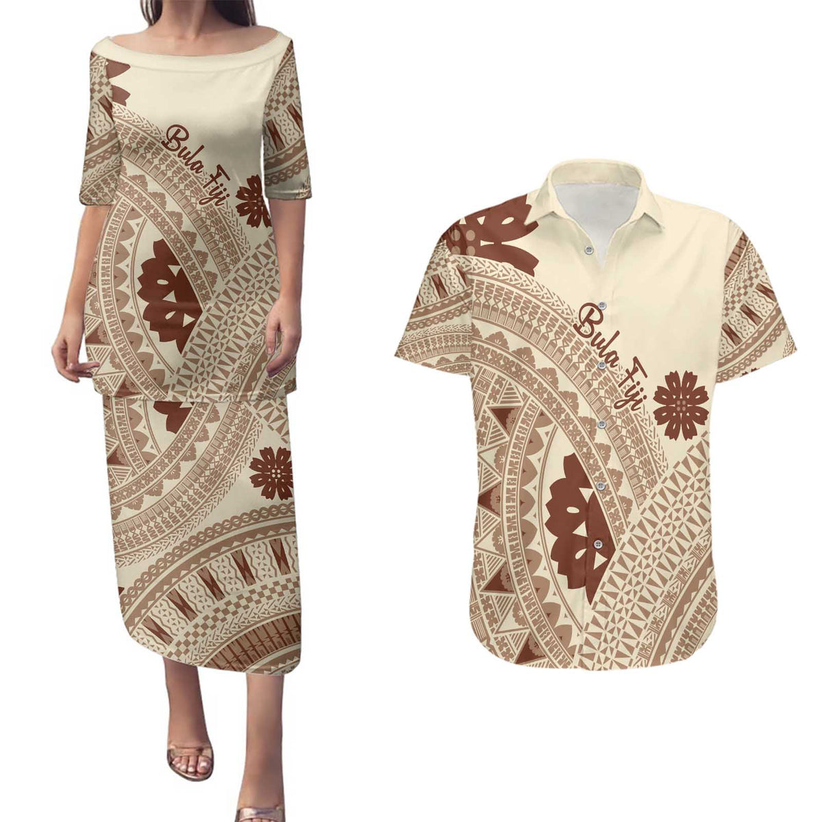 Bula Fiji Classic Masi Tapa Couples Matching Puletasi and Hawaiian Shirt Vintage Beige LT7 Beige - Polynesian Pride