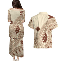 Bula Fiji Classic Masi Tapa Couples Matching Puletasi and Hawaiian Shirt Vintage Beige LT7 - Polynesian Pride