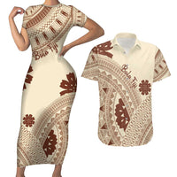 Bula Fiji Classic Masi Tapa Couples Matching Short Sleeve Bodycon Dress and Hawaiian Shirt Vintage Beige LT7 Beige - Polynesian Pride
