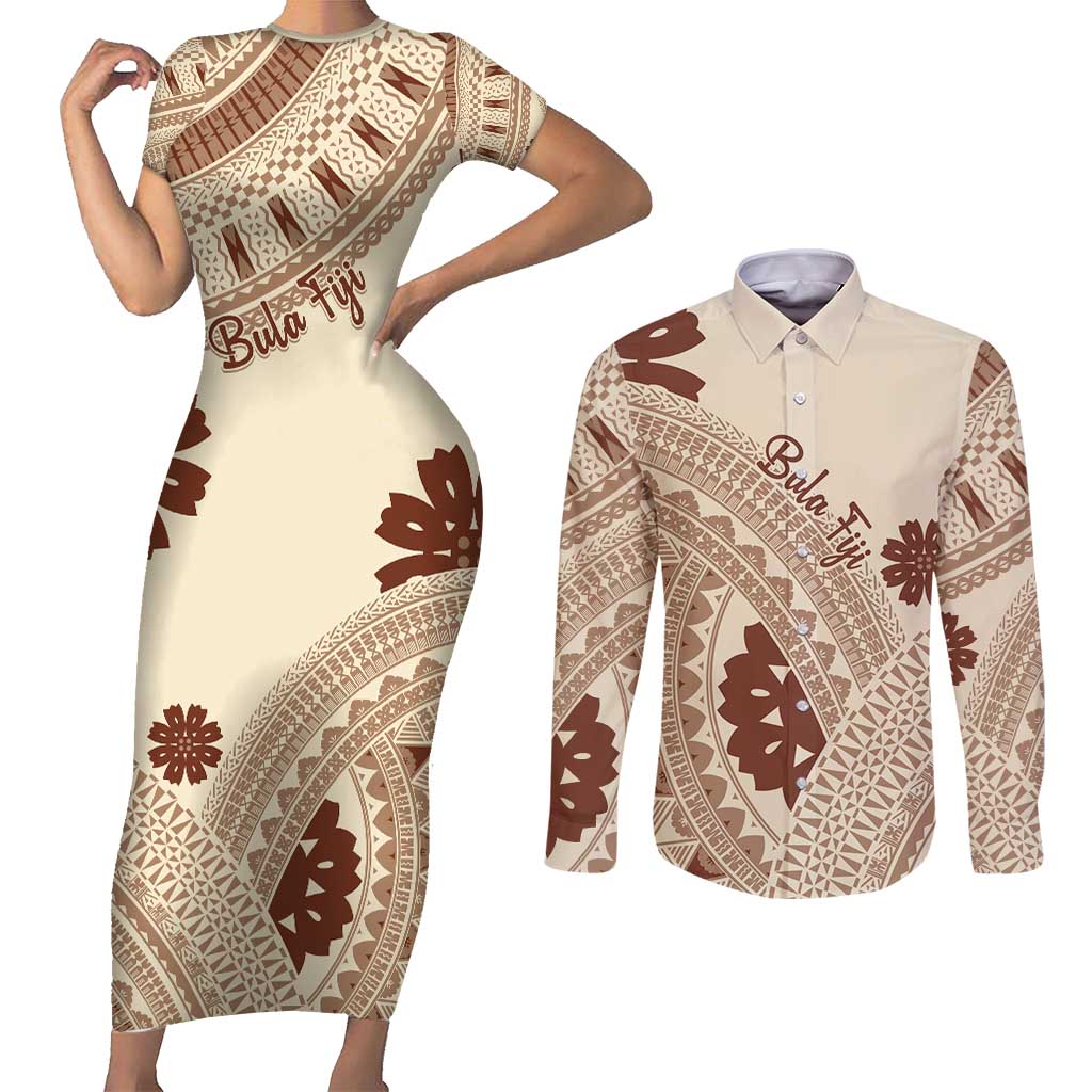 Bula Fiji Classic Masi Tapa Couples Matching Short Sleeve Bodycon Dress and Long Sleeve Button Shirt Vintage Beige LT7 Beige - Polynesian Pride