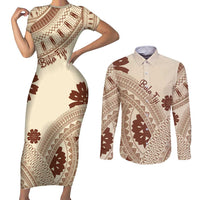 Bula Fiji Classic Masi Tapa Couples Matching Short Sleeve Bodycon Dress and Long Sleeve Button Shirt Vintage Beige LT7 Beige - Polynesian Pride