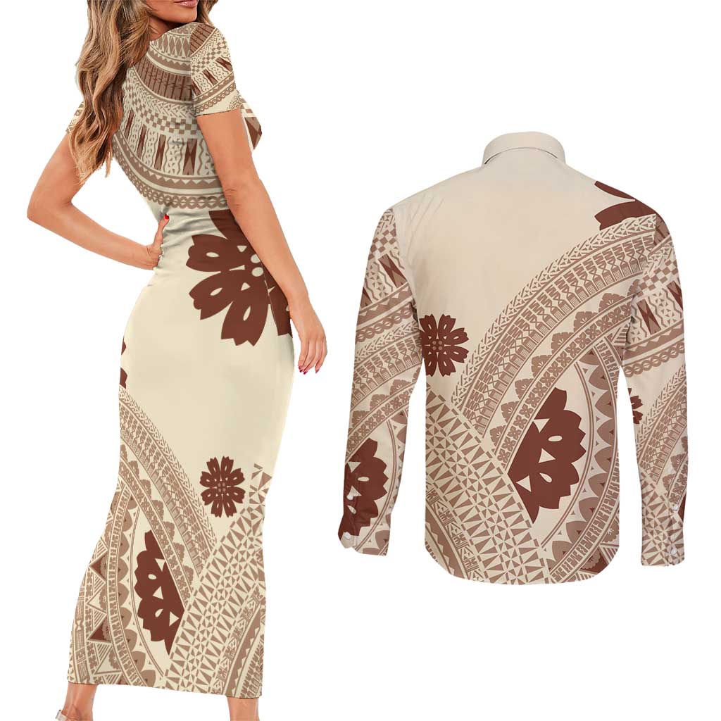 Bula Fiji Classic Masi Tapa Couples Matching Short Sleeve Bodycon Dress and Long Sleeve Button Shirt Vintage Beige LT7 - Polynesian Pride