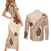 Bula Fiji Classic Masi Tapa Couples Matching Short Sleeve Bodycon Dress and Long Sleeve Button Shirt Vintage Beige LT7 - Polynesian Pride