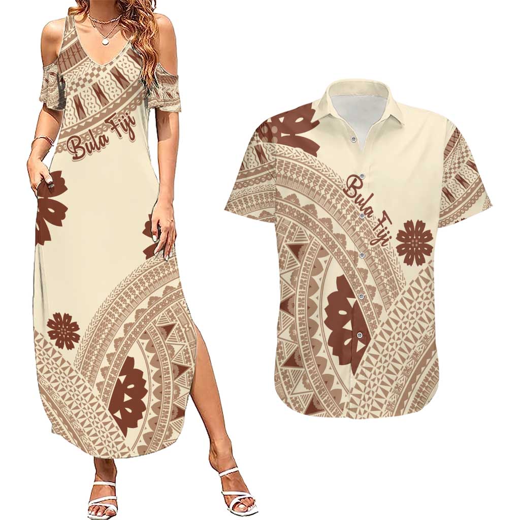 Bula Fiji Classic Masi Tapa Couples Matching Summer Maxi Dress and Hawaiian Shirt Vintage Beige LT7 Beige - Polynesian Pride