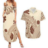 Bula Fiji Classic Masi Tapa Couples Matching Summer Maxi Dress and Hawaiian Shirt Vintage Beige LT7 Beige - Polynesian Pride