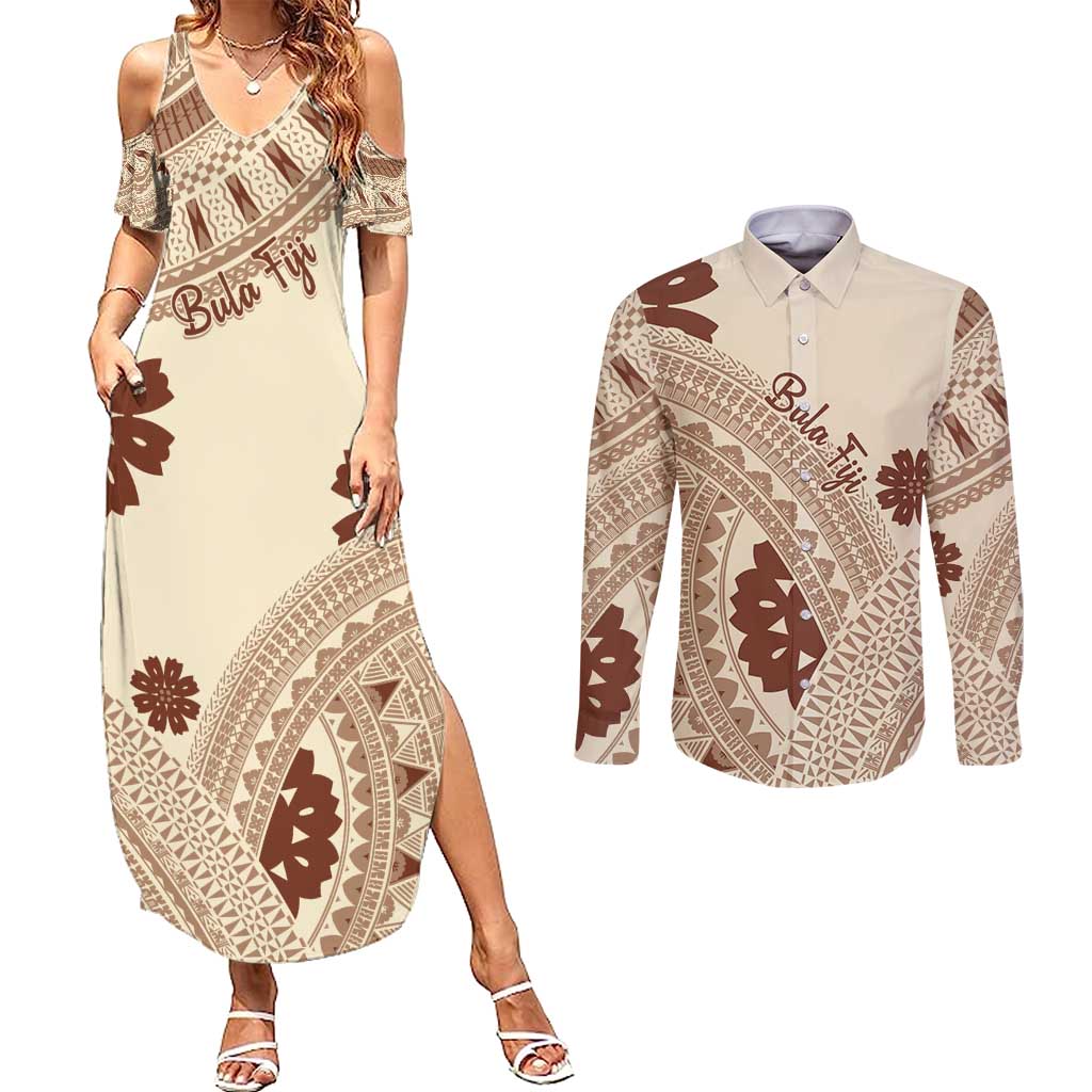Bula Fiji Classic Masi Tapa Couples Matching Summer Maxi Dress and Long Sleeve Button Shirt Vintage Beige LT7 Beige - Polynesian Pride