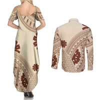 Bula Fiji Classic Masi Tapa Couples Matching Summer Maxi Dress and Long Sleeve Button Shirt Vintage Beige LT7 - Polynesian Pride
