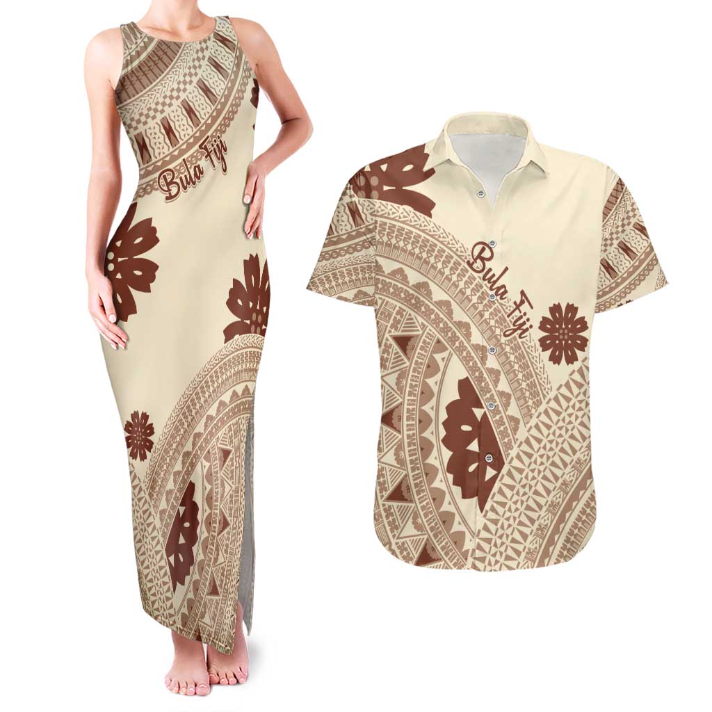 Bula Fiji Classic Masi Tapa Couples Matching Tank Maxi Dress and Hawaiian Shirt Vintage Beige LT7 Beige - Polynesian Pride