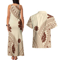 Bula Fiji Classic Masi Tapa Couples Matching Tank Maxi Dress and Hawaiian Shirt Vintage Beige LT7 - Polynesian Pride