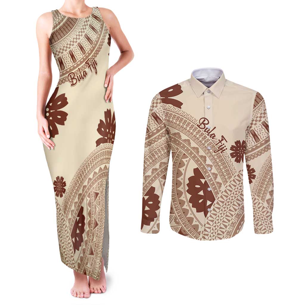 Bula Fiji Classic Masi Tapa Couples Matching Tank Maxi Dress and Long Sleeve Button Shirt Vintage Beige LT7 Beige - Polynesian Pride