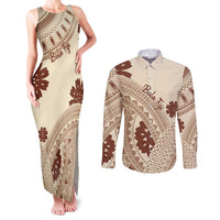 Bula Fiji Classic Masi Tapa Couples Matching Tank Maxi Dress and Long Sleeve Button Shirt Vintage Beige LT7 Beige - Polynesian Pride