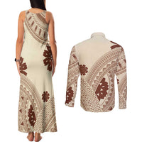 Bula Fiji Classic Masi Tapa Couples Matching Tank Maxi Dress and Long Sleeve Button Shirt Vintage Beige LT7 - Polynesian Pride