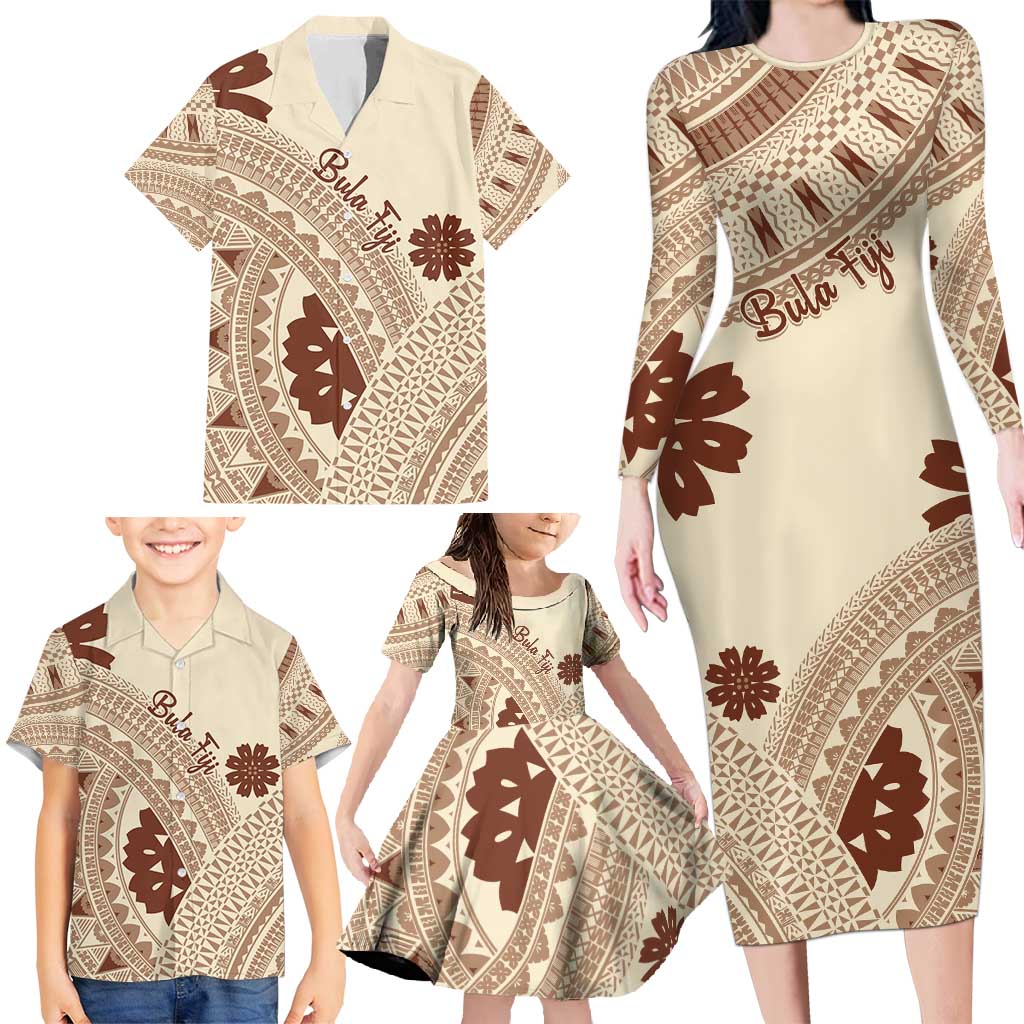 Bula Fiji Classic Masi Tapa Family Matching Long Sleeve Bodycon Dress and Hawaiian Shirt Vintage Beige LT7 - Polynesian Pride