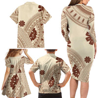 Bula Fiji Classic Masi Tapa Family Matching Long Sleeve Bodycon Dress and Hawaiian Shirt Vintage Beige LT7 - Polynesian Pride