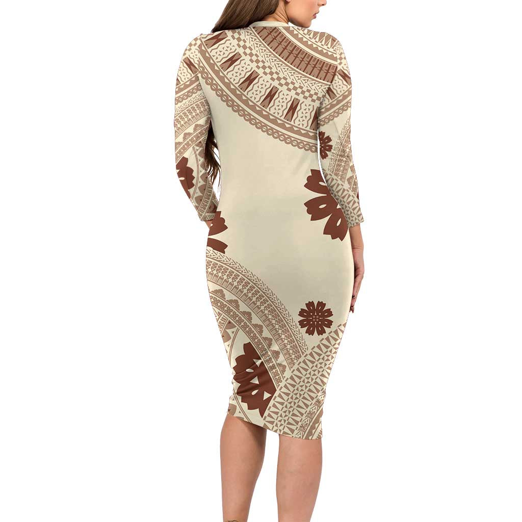 Bula Fiji Classic Masi Tapa Family Matching Long Sleeve Bodycon Dress and Hawaiian Shirt Vintage Beige LT7 - Polynesian Pride