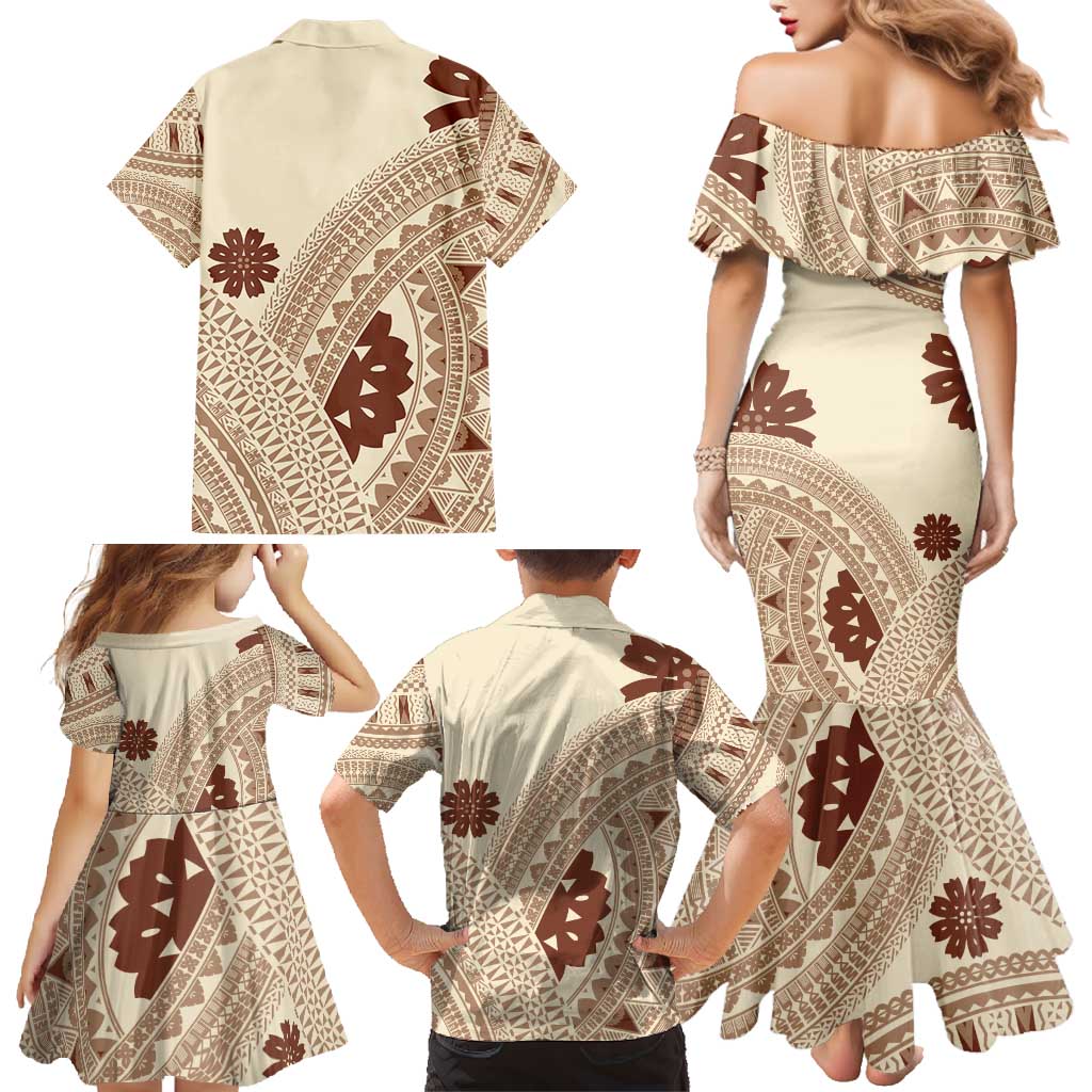Bula Fiji Classic Masi Tapa Family Matching Mermaid Dress and Hawaiian Shirt Vintage Beige LT7 - Polynesian Pride