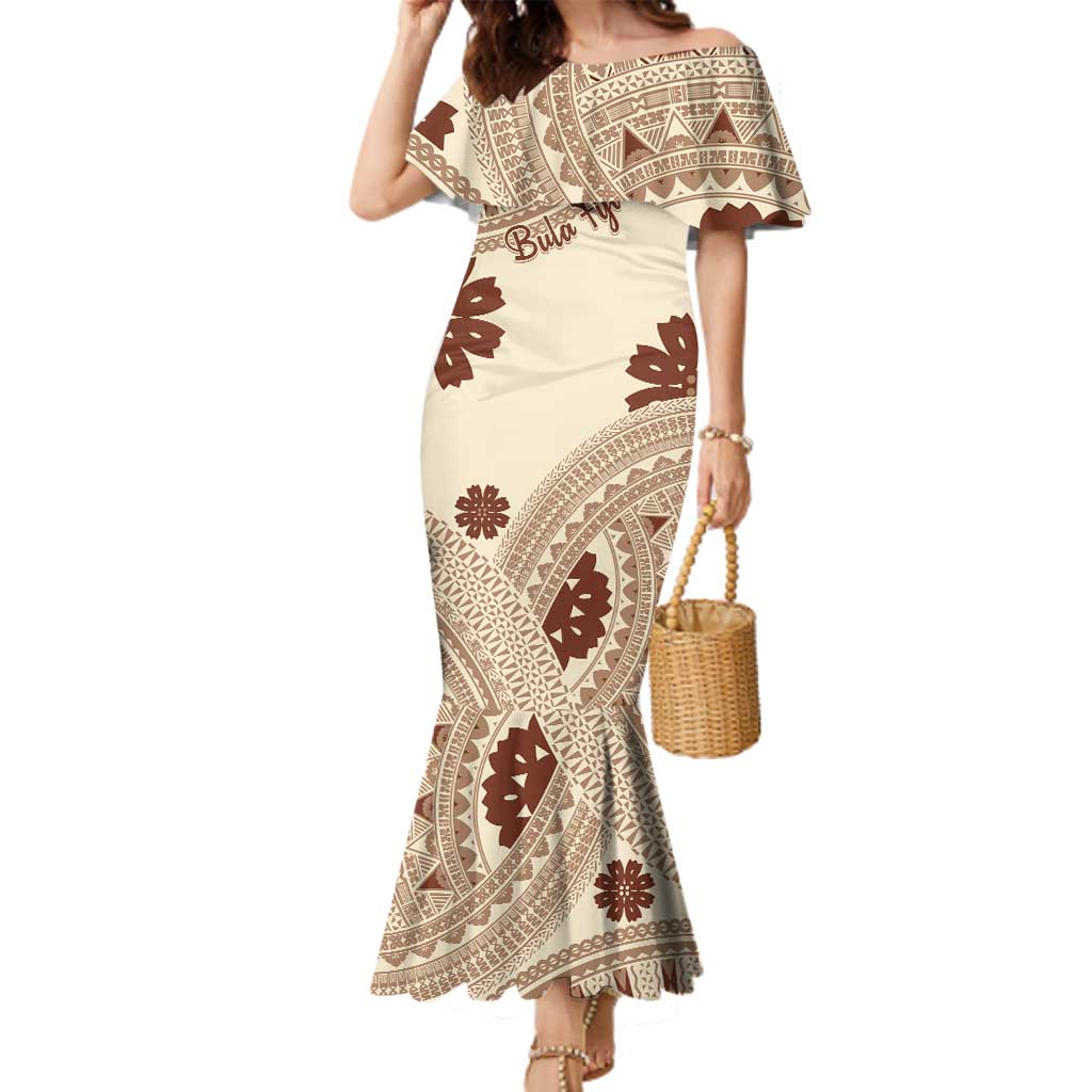 Bula Fiji Classic Masi Tapa Family Matching Mermaid Dress and Hawaiian Shirt Vintage Beige LT7 Mom's Dress Beige - Polynesian Pride