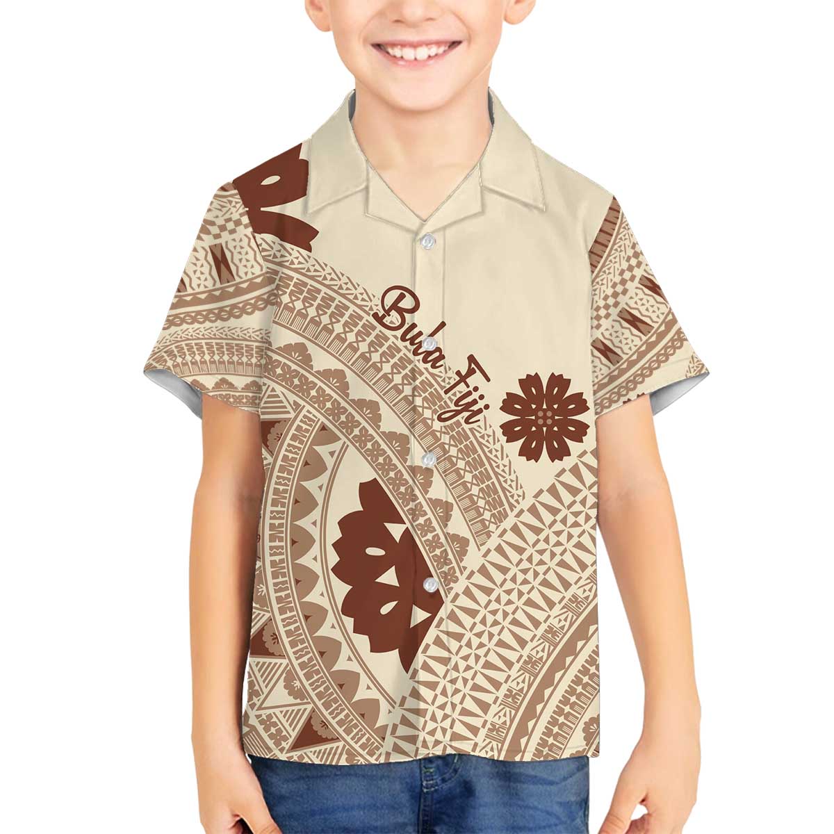 Bula Fiji Classic Masi Tapa Family Matching Off The Shoulder Long Sleeve Dress and Hawaiian Shirt Vintage Beige LT7 Son's Shirt Beige - Polynesian Pride