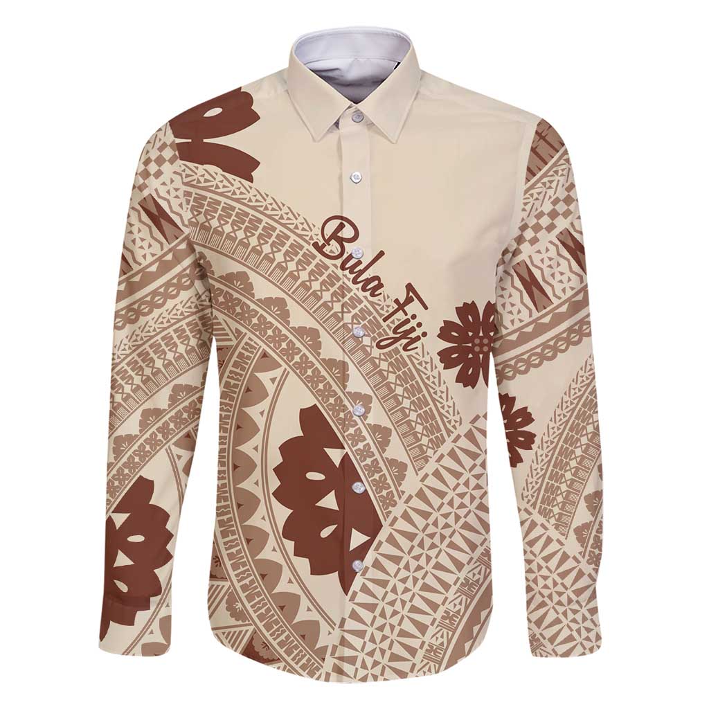 Bula Fiji Classic Masi Tapa Family Matching Off Shoulder Maxi Dress and Hawaiian Shirt Vintage Beige LT7 Dad's Shirt - Long Sleeve Beige - Polynesian Pride