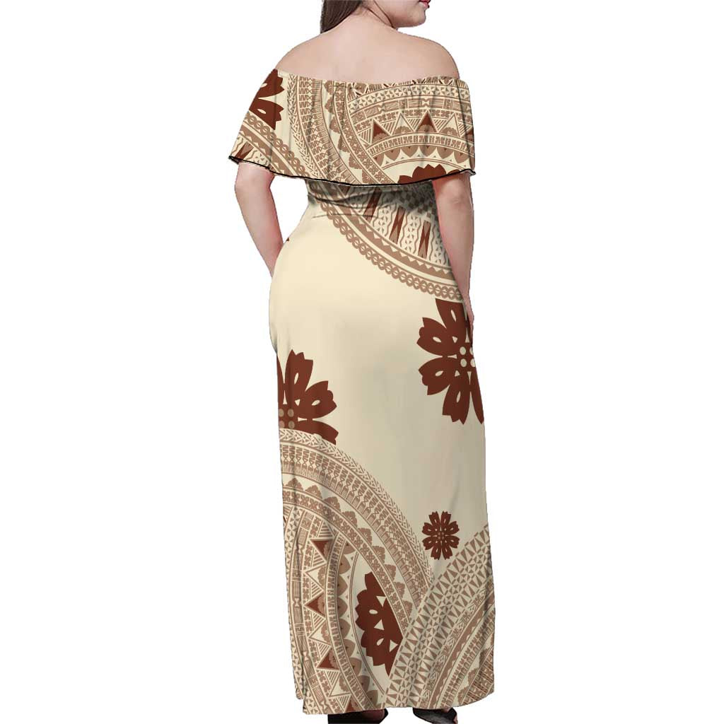 Bula Fiji Classic Masi Tapa Family Matching Off Shoulder Maxi Dress and Hawaiian Shirt Vintage Beige LT7 - Polynesian Pride