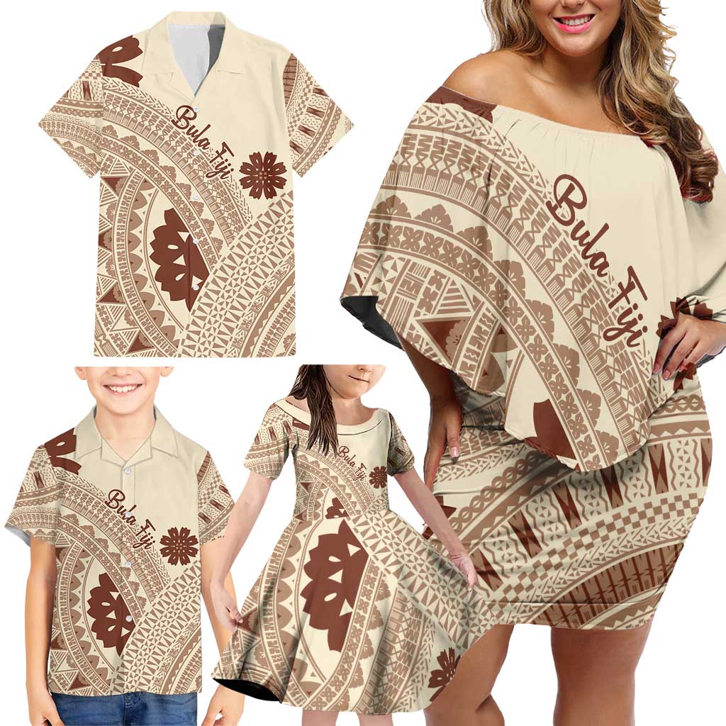 Bula Fiji Classic Masi Tapa Family Matching Off Shoulder Short Dress and Hawaiian Shirt Vintage Beige LT7 - Polynesian Pride