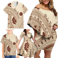 Bula Fiji Classic Masi Tapa Family Matching Off Shoulder Short Dress and Hawaiian Shirt Vintage Beige LT7 - Polynesian Pride