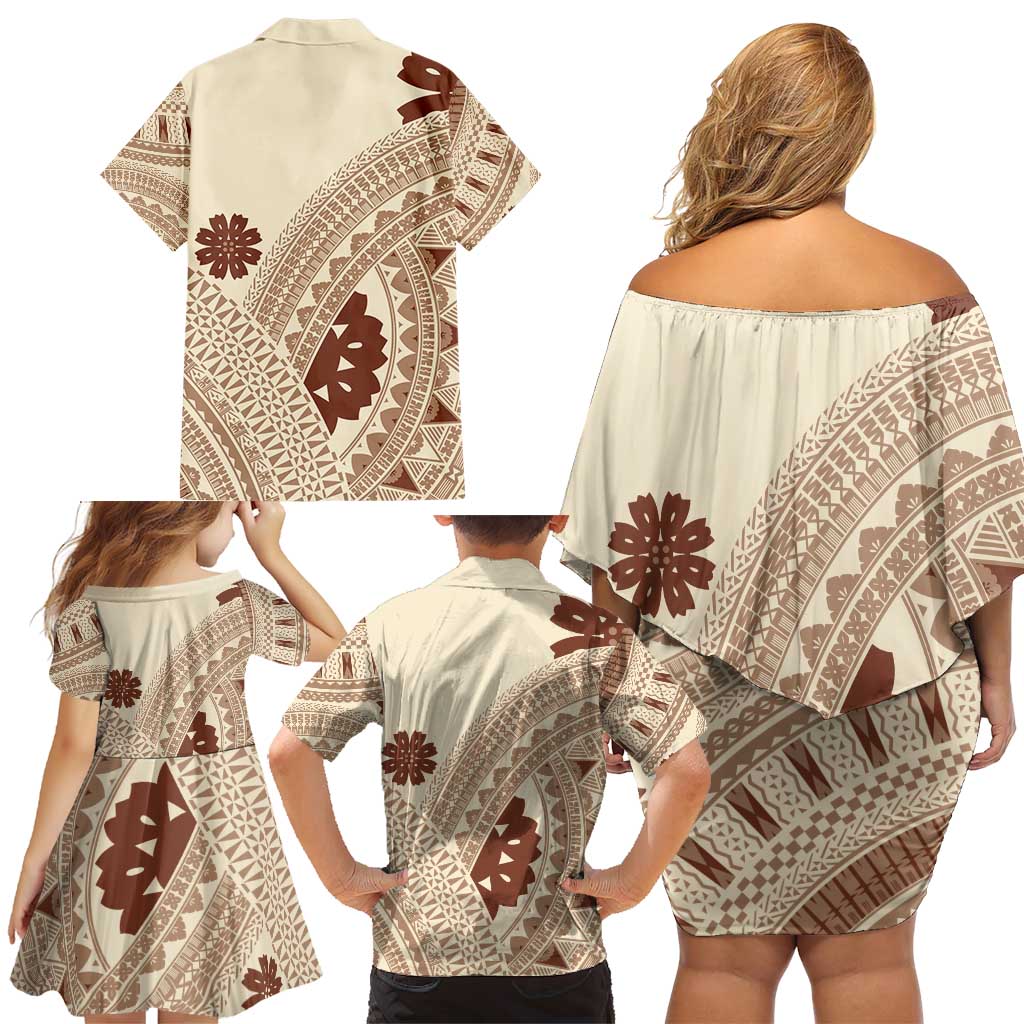Bula Fiji Classic Masi Tapa Family Matching Off Shoulder Short Dress and Hawaiian Shirt Vintage Beige LT7 - Polynesian Pride