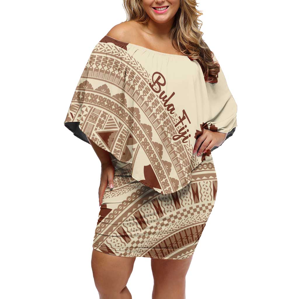 Bula Fiji Classic Masi Tapa Family Matching Off Shoulder Short Dress and Hawaiian Shirt Vintage Beige LT7 Mom's Dress Beige - Polynesian Pride